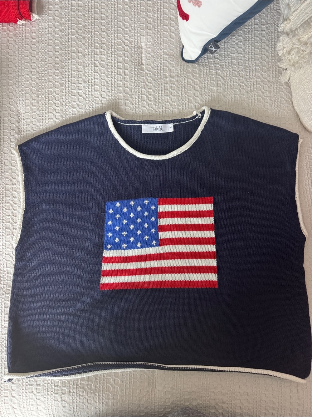 NWOT size M, Navy Flag Knit Sweater Vest with Red, White & Blue Flag